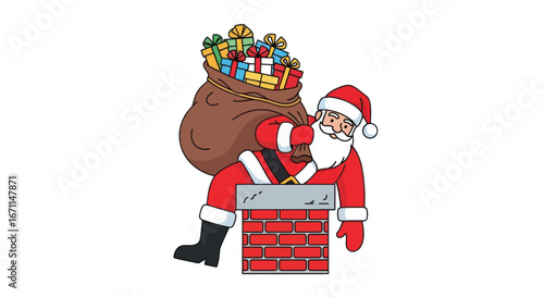Festive santa claus illustration descending a chimney with gifts for christmas holidays