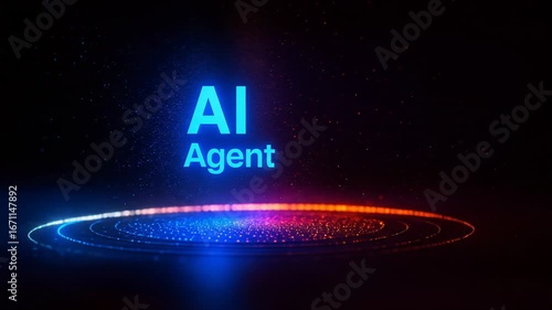 Futuristic concept of an AI Agent with glowing text on a holographic platform, representing artificial intelligence, machine learning, and advanced technology.