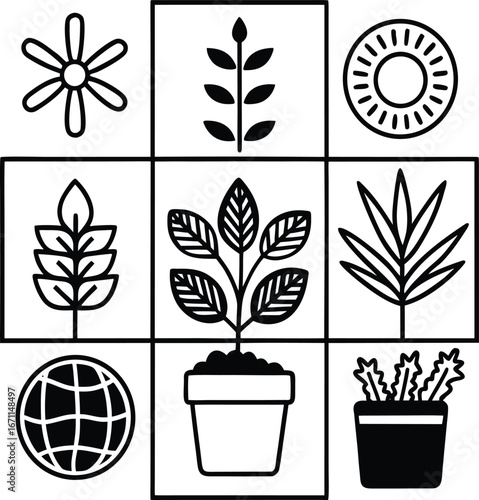 Grid of botanical icons plant flower earth sun simple line art organic nature symbols growth environment freshness gardening botany