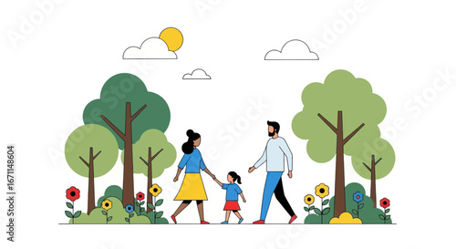 Joyful family stroll through a blooming park amidst lush foliage and scattered wildflowers