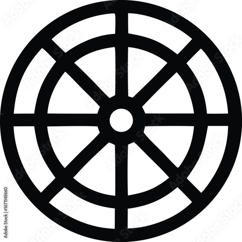 Buddhist dharma wheel symbol black silhouette abstract geometric circular spokes radial design