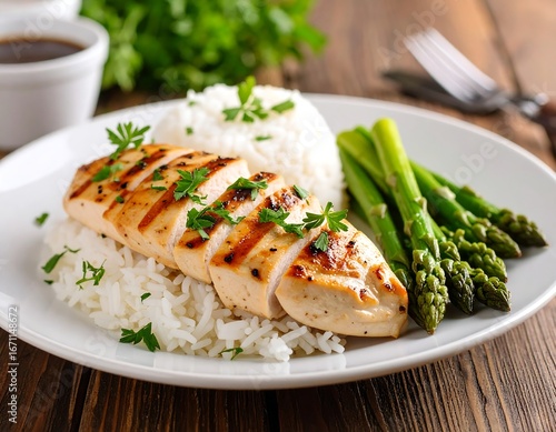 Grilled chicken breast sliced atop fluffy white rice, accompanied by steamed asparagus on a white plate