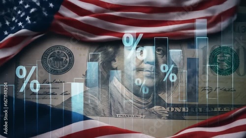 Concept of US economy, inflation, and interest rates, with American flag, dollar banknote, and financial data chart showing percentage changes