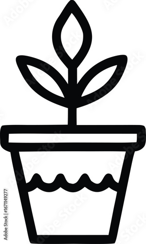 Simple line art icon of a potted plant showing growth and nature symbolizing gardening and cultivation