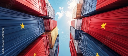 A low-angle view of stacked shipping containers, some displaying a yellow star on a red and blue background against a bright blue sky, suggesting international trade and global logistics