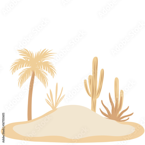 Illustration of desert landscape with palm trees, cactus, and sand, perfect for nature, travel, or summer background.