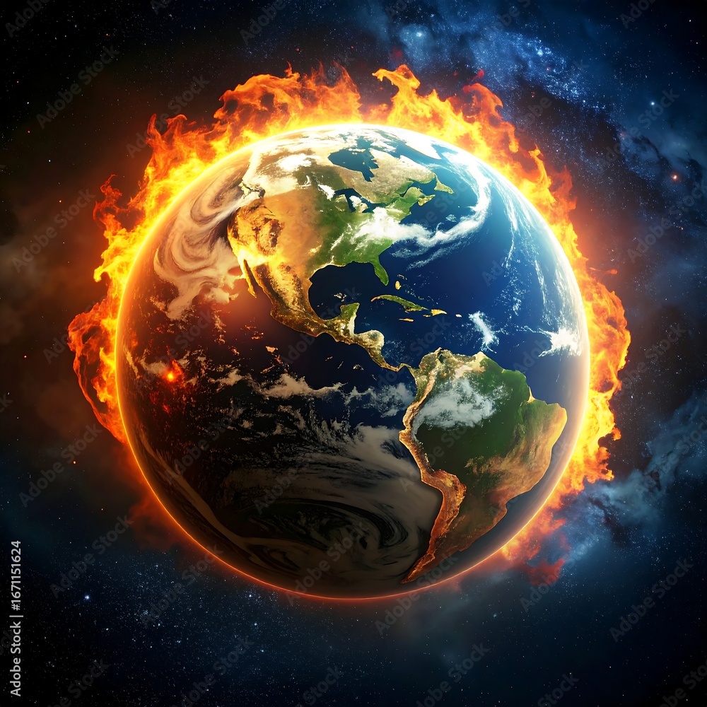 Fototapeta premium Flaming Earth, Cosmic Inferno, Space Background