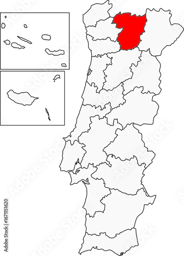 A detailed map of Portugal highlighting the Vila Real district. Ideal for showcasing regional tourism, wine production areas, and natural landscapes.

