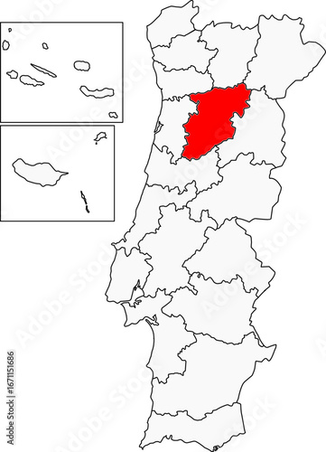 A detailed map of Portugal highlighting the Vila Real district. Ideal for showcasing regional tourism, wine production areas, and natural landscapes.

