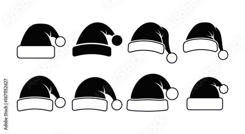 Variations of santa claus hats in monochrome for christmas celebrations and decorations
