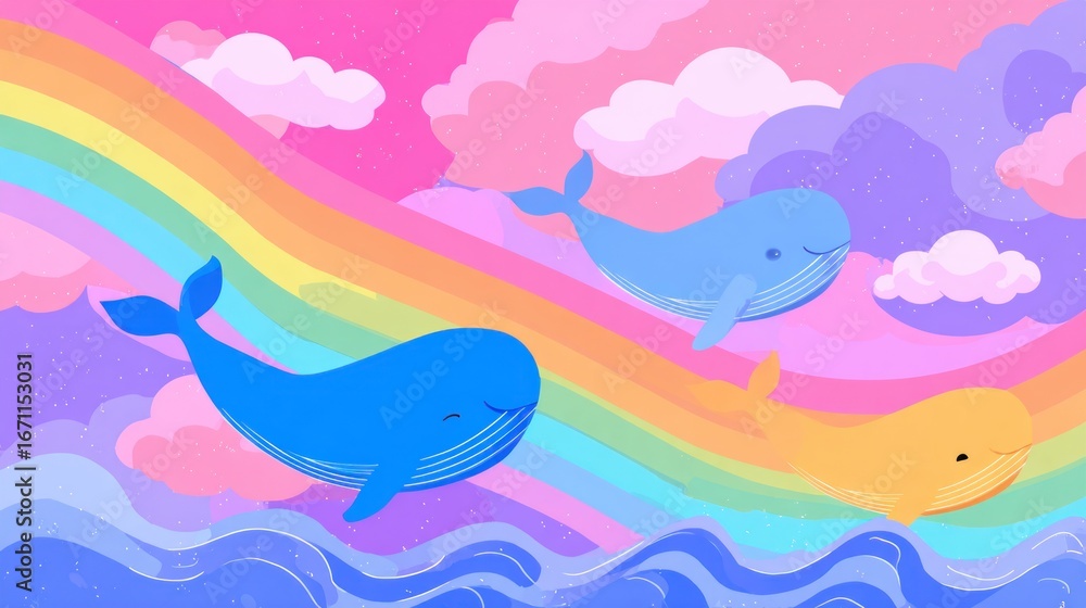 Fototapeta premium Whimsical whales on a pastel rainbow