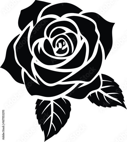 Elegant black and white rose silhouette with detailed petals and leaves perfect for design projects