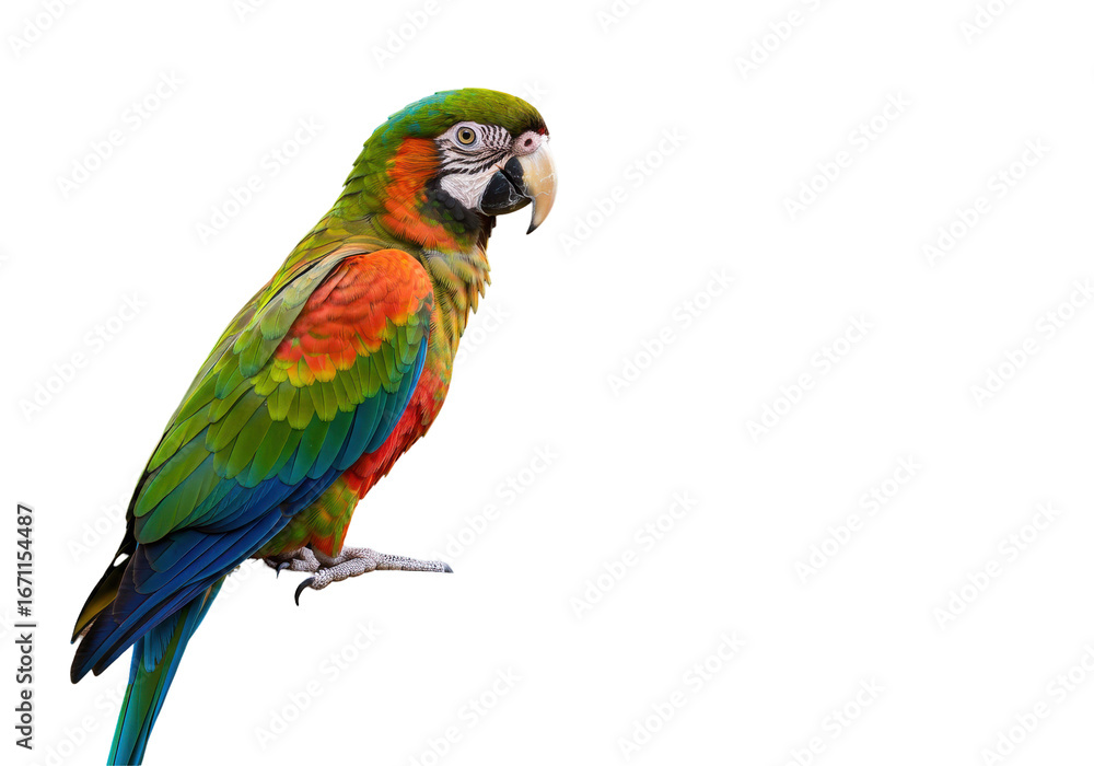 Obraz premium Vibrant green winged macaw perched profile exotic bird illustration isolated on white background