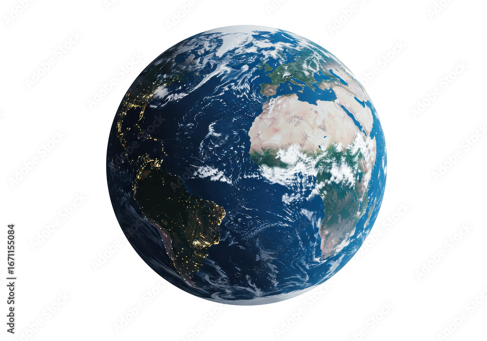 Obraz premium Earth globe with glowing nightlights, realistic detailed view of continents and oceans, geography, travel, and global network concept isolated on white background
