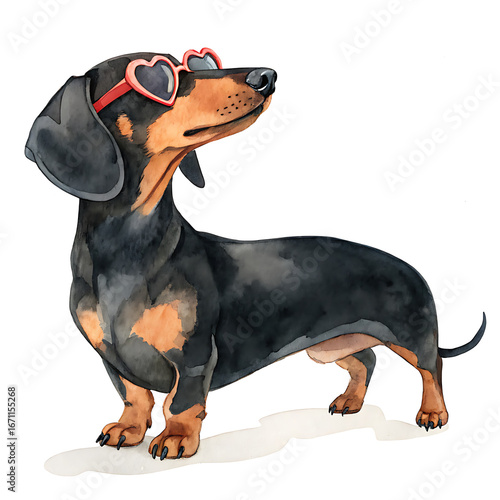 Playful Black and Tan Dachshund Wearing Heart-Shaped Sunglasses in Whimsical Watercolor Style