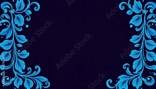 Intricate blue leaf border design, swirling pattern, foliage, design