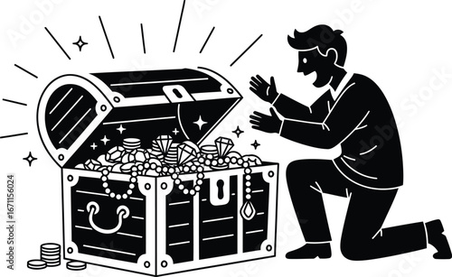 Man kneeling in front of a treasure chest filled with gold coins