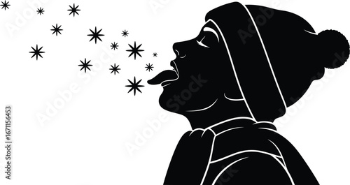 Silhouette of a child catching snowflakes with tongue
