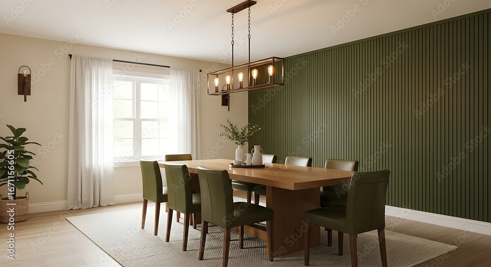 Fototapeta premium Modern Dining Room Interior Design with Wooden Table and Green Wall.