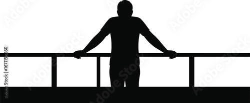 Silhouette of a man leaning a balcony rail, offering a minimalist and modern urban architectural design