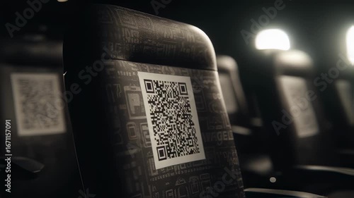 Focused medium shot of a crisp QR code on a seat back with softly blurred AR graphics and dim theater lighting behind emphasizing innovative intermission engagement.