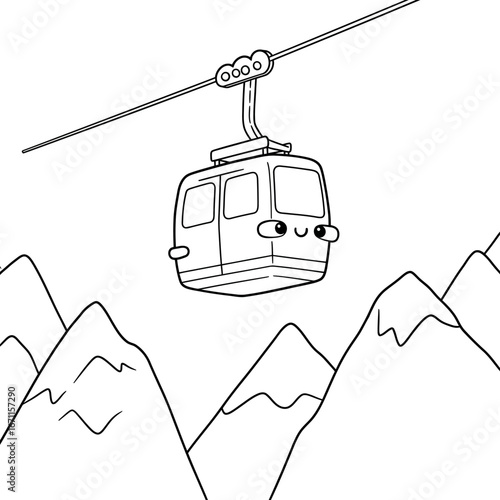 Cartoon Cable Car with Smiling Face, Black and White Illustration