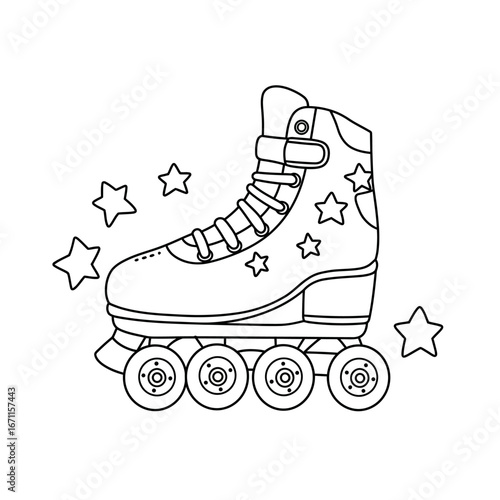 Starry Roller Skate: Line Art Illustration of a High-Top Roller Skate with Star Design