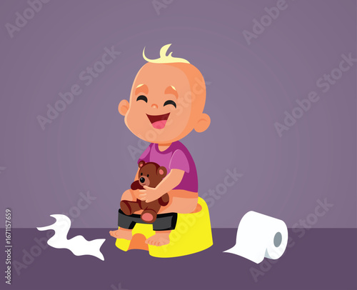 Baby Surrounded by Toilet Paper Potty Training Vector Character. Happy kid having fun on the potty playing with things around it
