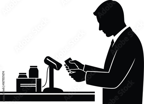 Silhouette of a cashier at a store counter, processing a payment, representing retail, business, and commerce