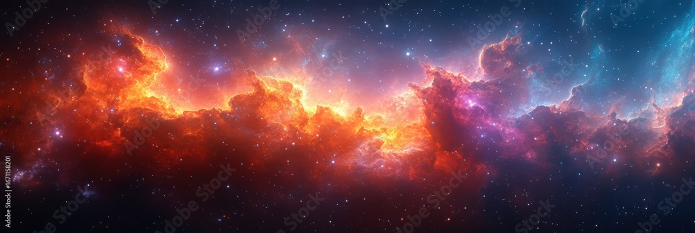 Naklejka premium A vibrant cosmic scene showcasing colorful nebulae and stars against a dark backdrop, representing the vastness and beauty of the universe.