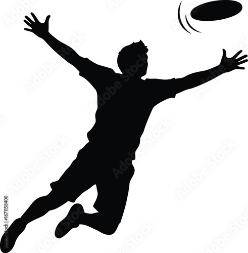 Silhouette of a frisbee player jumping to catch a disc, showcasing athleticism and dynamic movement in the game. 