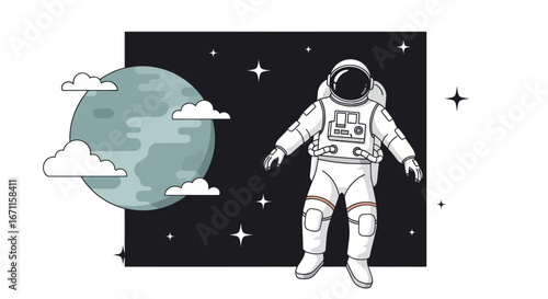 Cartoon astronaut floating in outer space with planet and stars artistic style