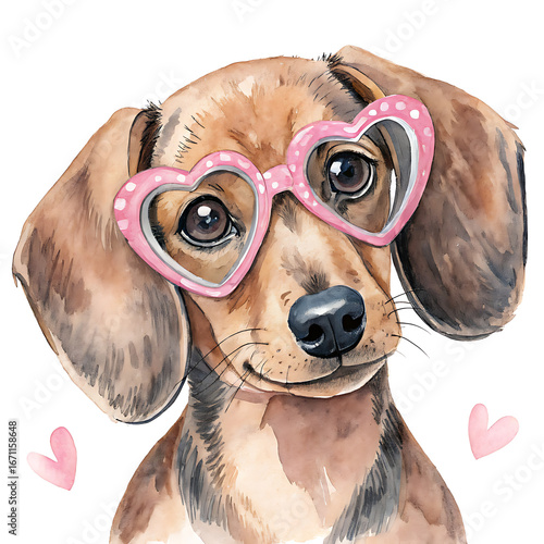 Playful Dachshund Portrait, Cute Dog with Heart Glasses, Whimsical Art, Adorable Pet Illustration, Charming Atmosphere