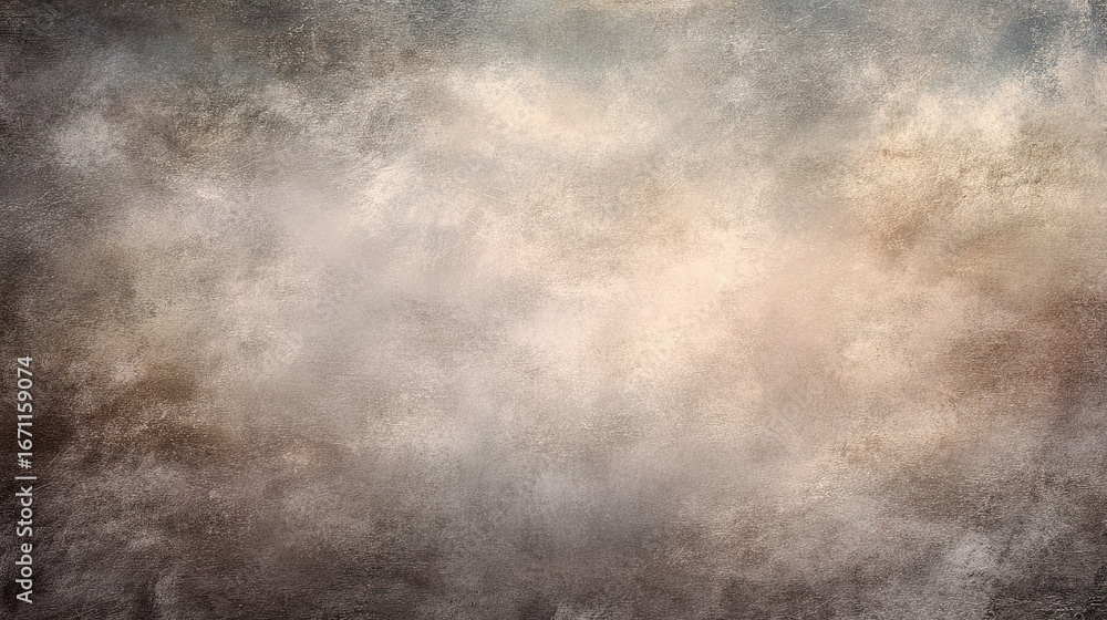 Fototapeta premium Muted earthy-toned canvas with subtle gold & silver hints—aged appearance, soft gradient from dark grey to light brown (mist/fog effect); ideal moody atmospheric portrait backdrop, gentle grunge