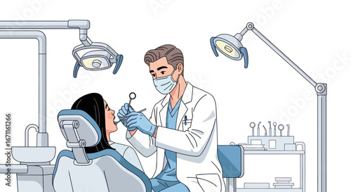 Modern dentist examining patient's teeth, illustration of dental clinic operation room