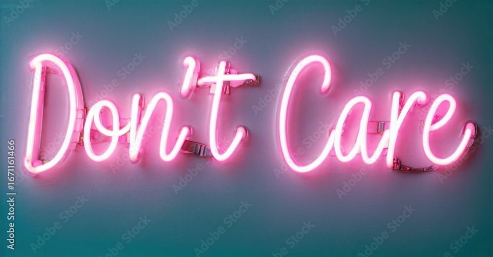 Bright pink neon sign displays words Dont Care against teal wall. Simple message, modern aesthetic, bold lettering.