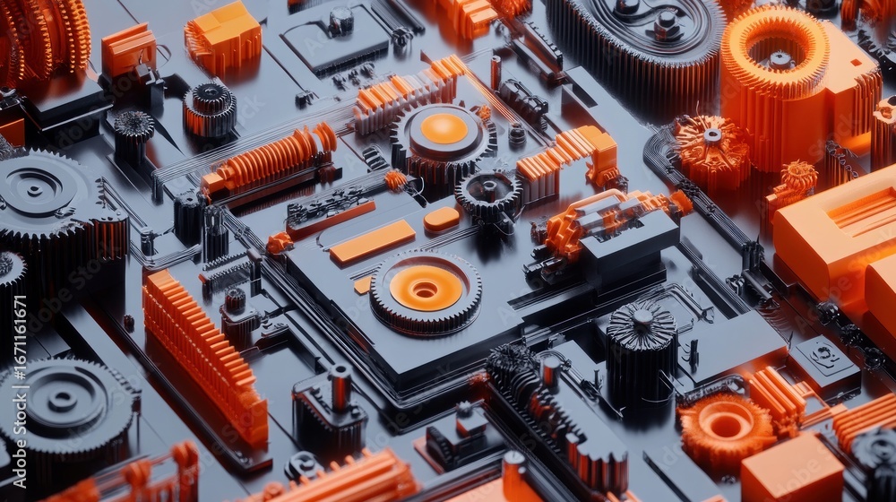 Fototapeta premium Abstract 3D rendering of a complex, intricately designed machine or device composed of various interconnected gears, components