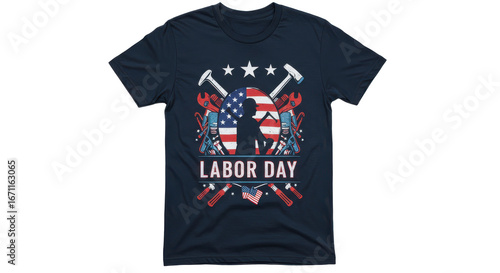 Patriotic Labor Day t shirt design with tools and American flag celebratory illustration isolated on white background
