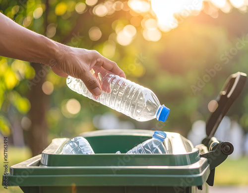 Wallpaper Mural Recycling Plastic Bottle: A person's hand carefully deposits a clear plastic bottle into a recycling bin, emphasizing the importance of waste management and environmental protection. Torontodigital.ca