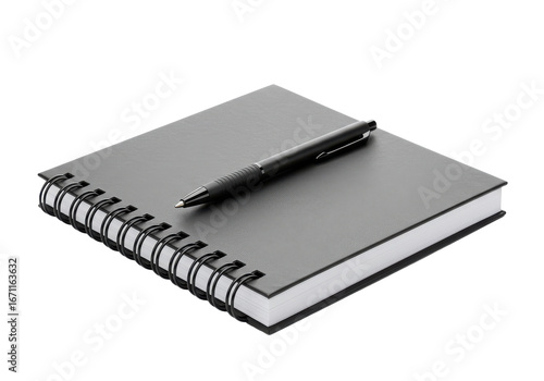 Closed spiral notebook black pen resting atop stationery design isolated on white background