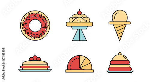 A collection of sweet desserts including donuts cakes ice cream and pastries in a simple flat design style for graphic elements