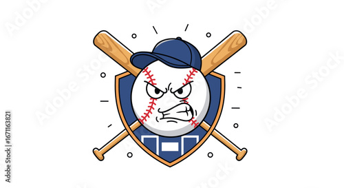 Fierce baseball character emblem featuring crossed bats and a protective shield symbolizing competition and athleticism