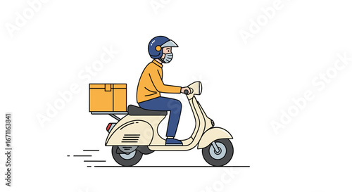 A person on a scooter wearing a helmet and mask delivering a package with a secure box