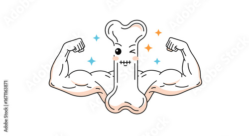 Strong healthy bone character flexing biceps muscles and winking symbolizing strength and good health