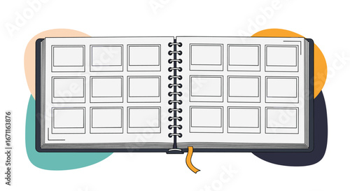 A visual storytelling tool featuring an open notebook with a storyboard layout perfect for creative planning and concept development