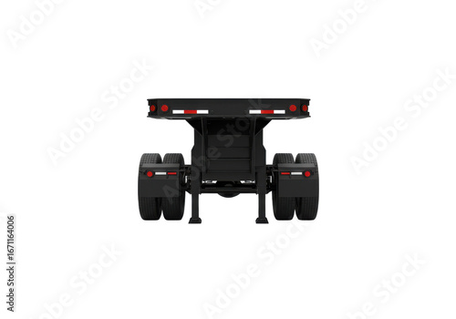 Rear view of black semi trailer chassis with reflective safety markings transport vehicle illustration isolated on white background