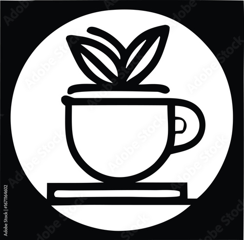 Clean line art logo of a coffee cup with sprouting plant inside a circle great for cafes organic food brands and eco-friendly businesses