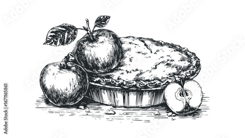 Engraved Style Apple Pie with Fresh Apples and Leaves. Vector hand drawn illustration