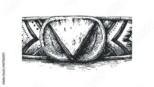 Detailed monochrome drawing of an ancient patterned amulet or pendant. Vector hand drawn illustration
