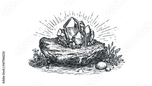 Cluster of raw quartz crystals emerging from a textured rock formation with surrounding foliage. Vector hand drawn illustration